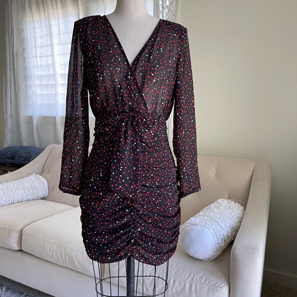 Zara red heart chiffon long sleeved mini dress -S